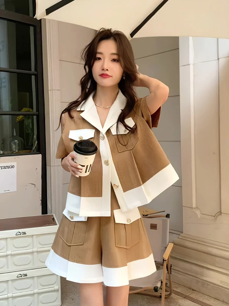 

Loose color blocked short sleeved shirt high waist slimming half skirt women's fashion summer 2025 new two-piece set