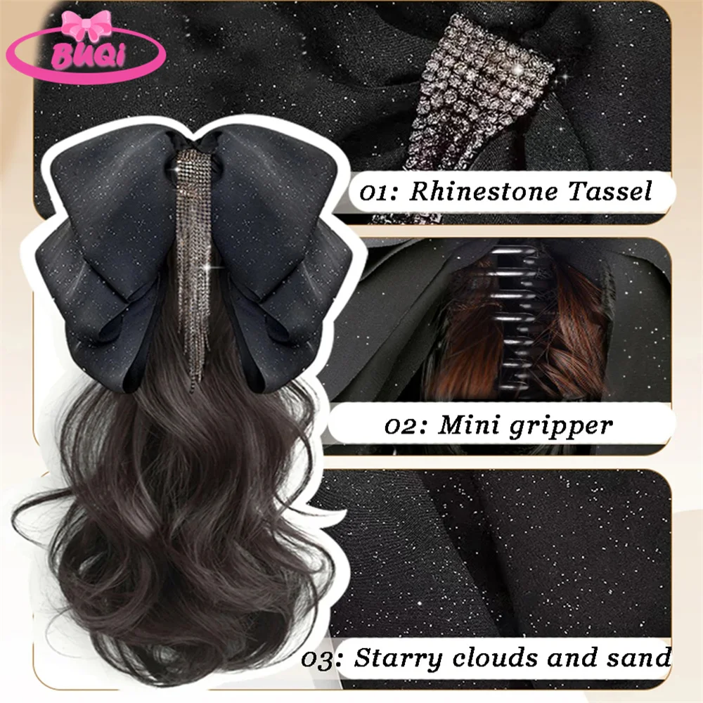 BUQI Tassel Bow Claw Clip Ponytail Temperament Slightly Curly Hair Natural Heat-resistant Chemical Fiber Wig Hair Extesions