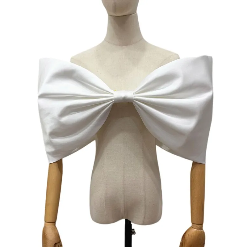 

Атласная шаль с объемным бантом и пышными рукавами, аксессуар для вечеринок и свадеб, аксессуар для вечернего свадебного платья-русалки без спинки, белый атласный аксессуар для невесты