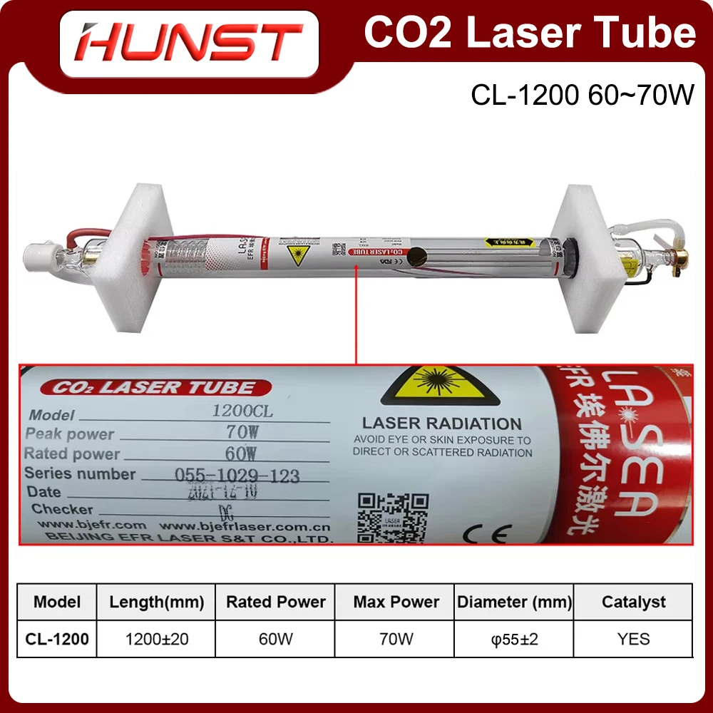 HUNST EFR-Tube laser adapté à la machine de gravure et de découpe laser CO2, diamètre du tube 55mm, longueur de la lumière laser 1200mm, 70W