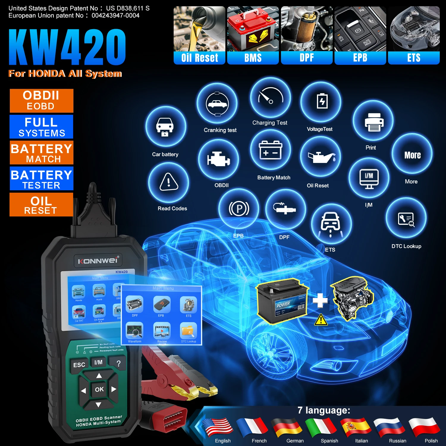 KONNWEI KW420 Full System OBD2 Diagnostic Tool Battery Tester 2in1 For Honda 6-12V Oil Reset SRS Code Reader Clear Trouble Code