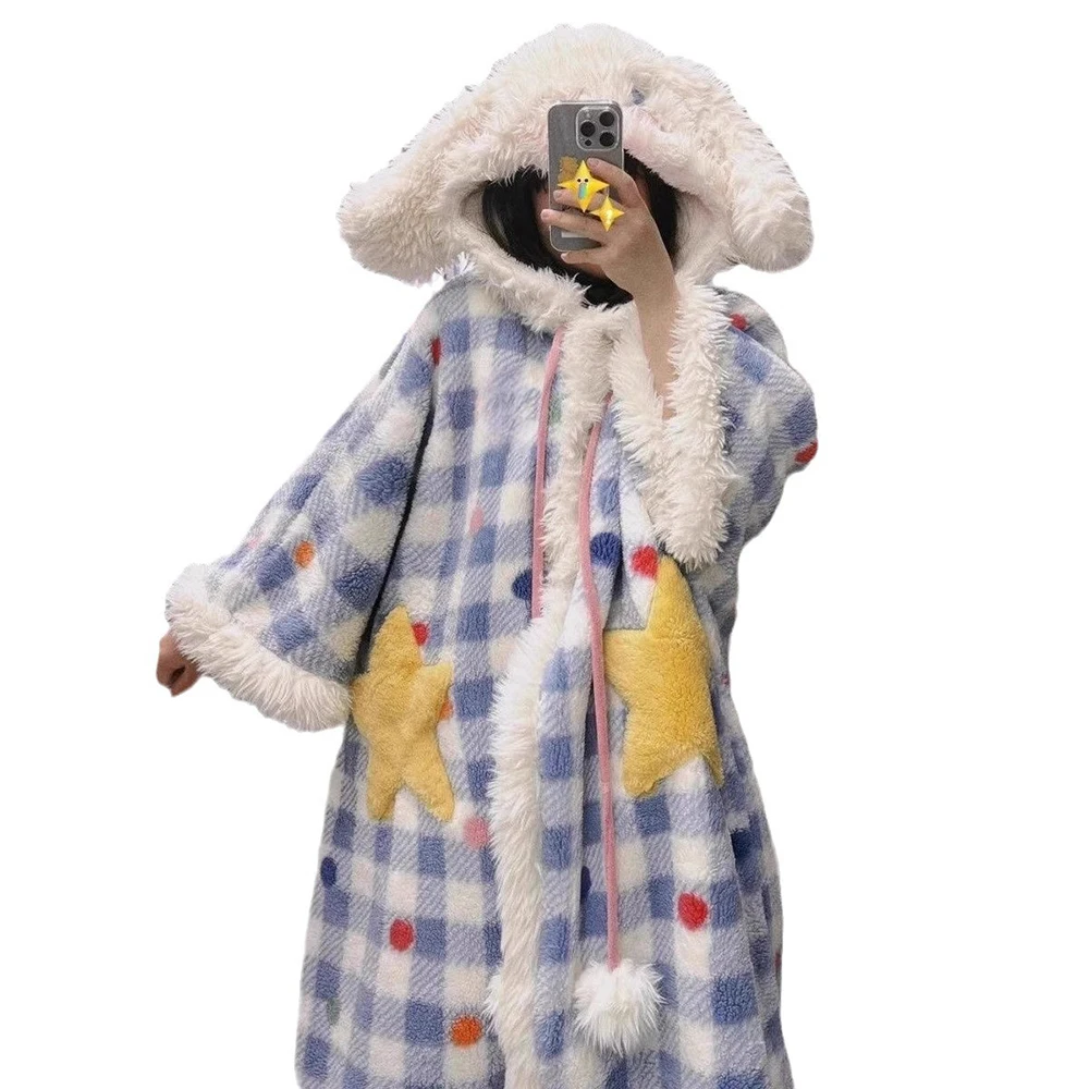 

Blue White Plaid Anime Cartoon Long-sleeved Nightgown Winter Flannel Loose Long Cape Women's Hooded Plush Pajamas Nightdress