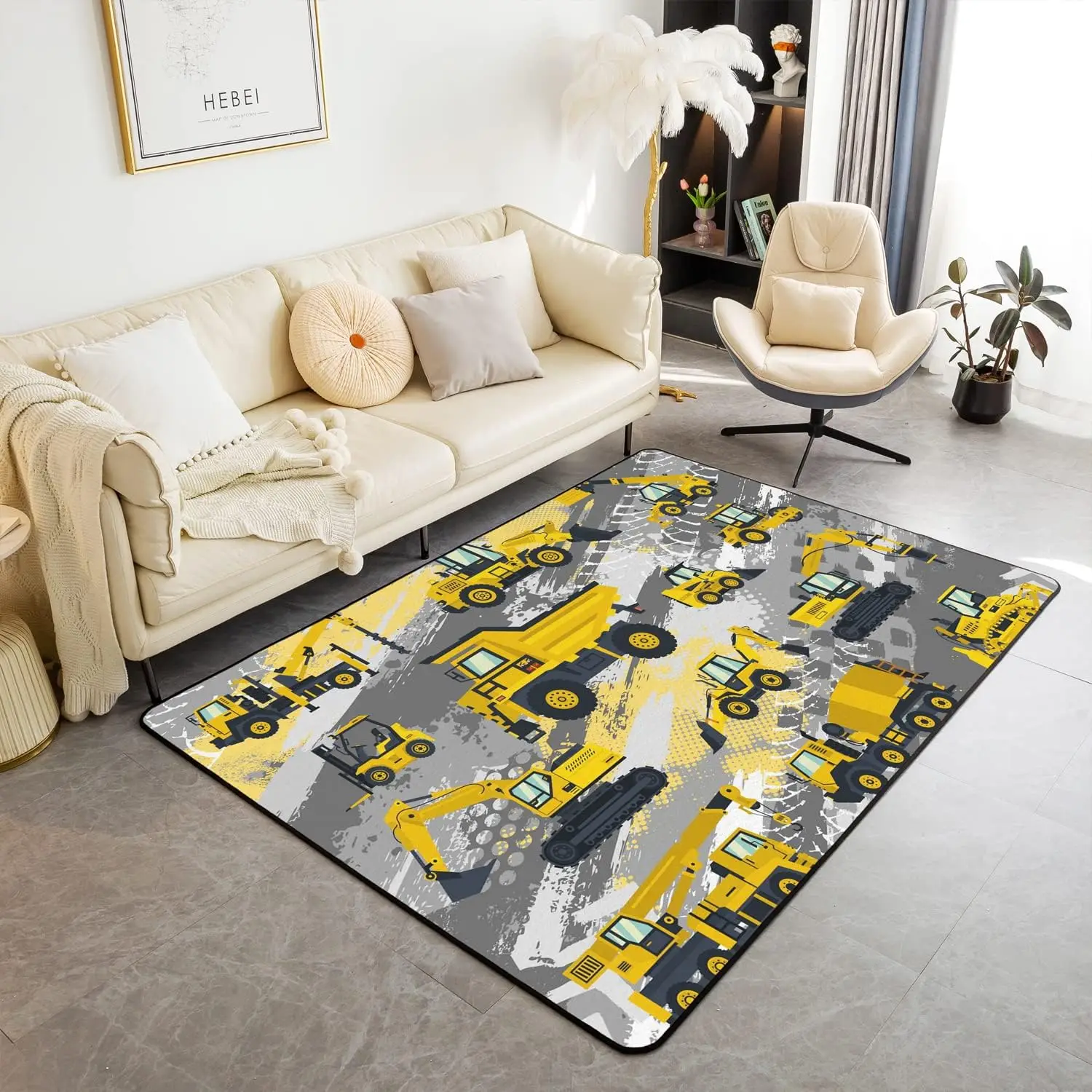 

Crystal Velvet Cartoon Construction Truck Round Rug, Excavator Print Non-Slip Floor Mat for Kids Room, Playroom, Bedroom Decor
