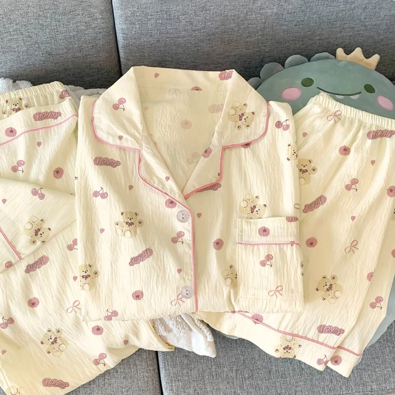 

Sweet Cute Cherry Bear Print Women's Pajamas Fashion Casual Milk Silk Homewear 3pc 2025 Spring Summer New Short Sleeve Sleepwear