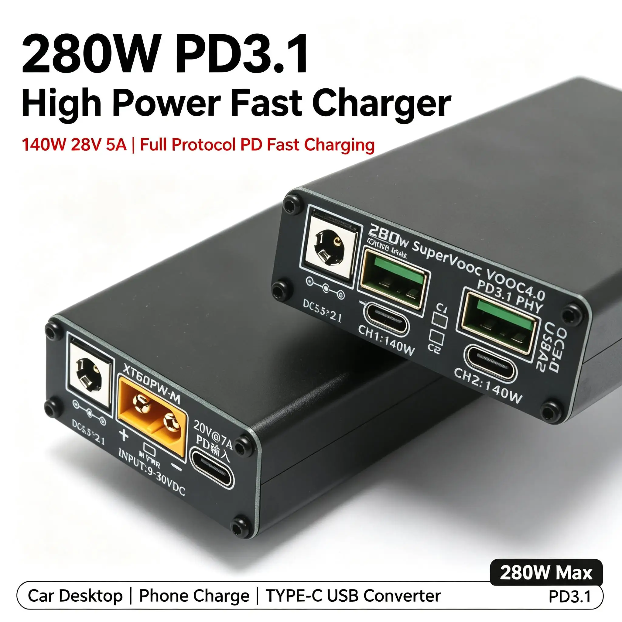 DYKB TYPE-C USB 280W PD3.1 High Power Fast Charger 140W 28V 5A Full Protocol PD Fast Charging Converter Car Desktop Phone Charge