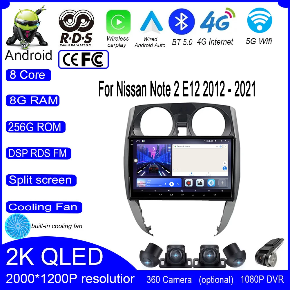 

Android 14 For Nissan Note 2 E12 2012 - 2021 Car Multimedia Radio 4G+Wifi IPS GPS QLED Navigation Auto Carplay Player Stereo