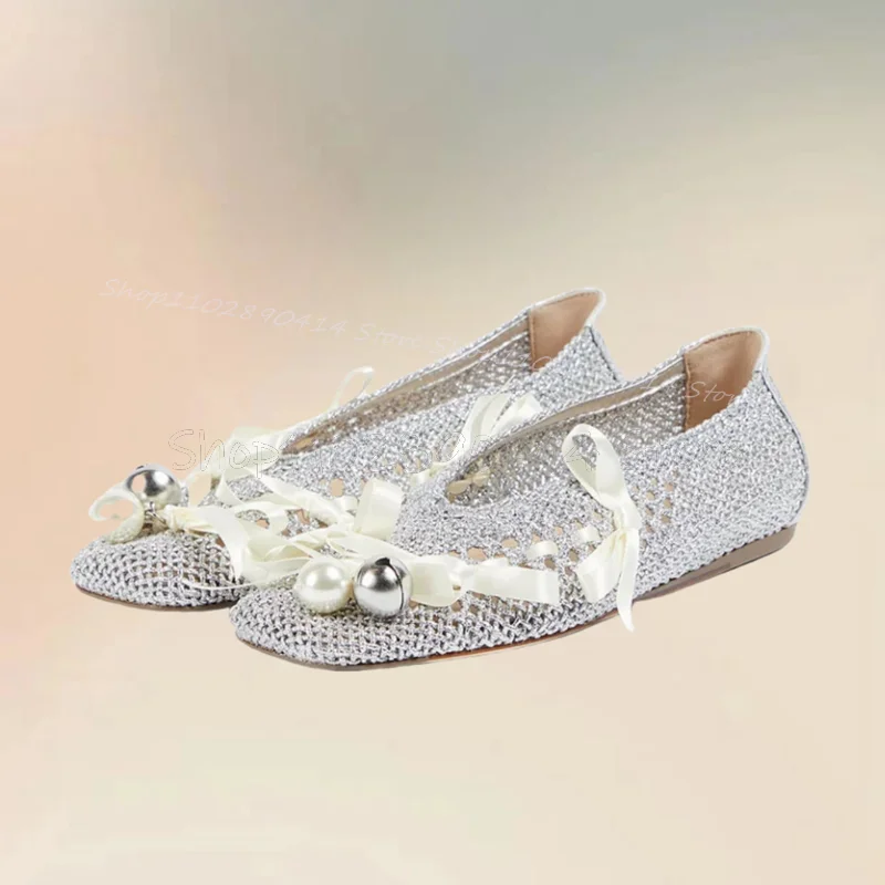 

Pearl Bell Decor Silver Knitted Mesh Design Pumps Slip On Women Shoes Low Top New Fashion Party Banquet 2024 Zapatos Para Mujere