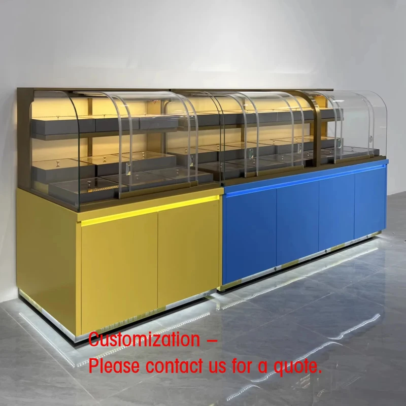 custom.Commercial Snack Display Golden Yellow LED Lighting Durable Heavy Duty Glass Back Cubical Ladder Shelf
