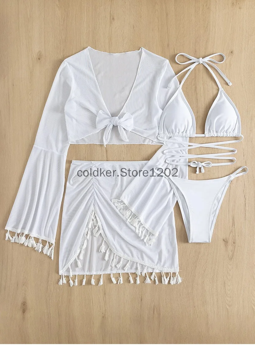 4 ชิ้นชุดว่ายน้ําผู้หญิงชายหาดสวมพู่ตาข่ายกระโปรงมินิชุดบิกินี่น่ารักสระว่ายน้ําชุดฤดูร้อน