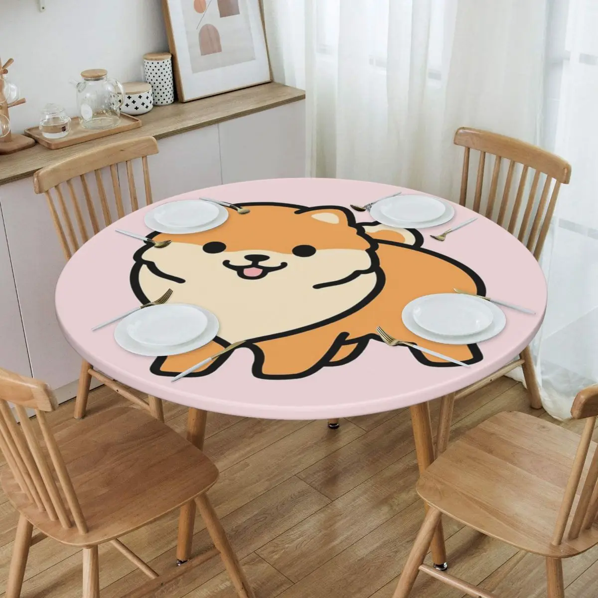 Pomeranian Waterproof Round Tablecloth Oilproof Table Cloth for Kitchen Events Dining Table Cover