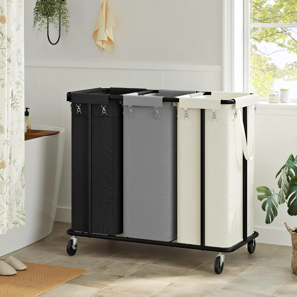 260L Large Rolling Laundry Hamper with 3-Section Organizer Removable Baskets Steel Frame Wheels for Bedroom Dirty Clothes Storag