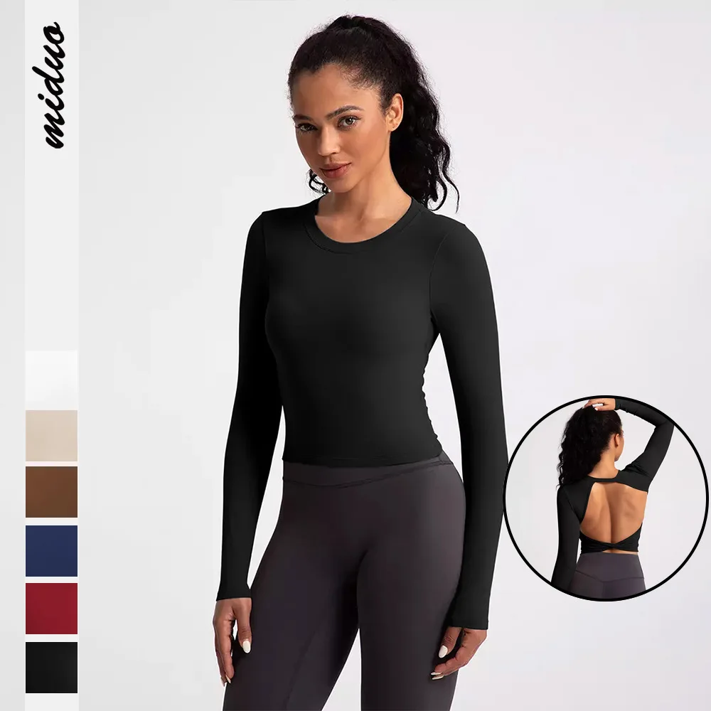 

New Women's Sports T-shirt Backless Sexy Stretchy Comfortable Pullover Slim Top Long-sleeved Yoga Wear Short Tees