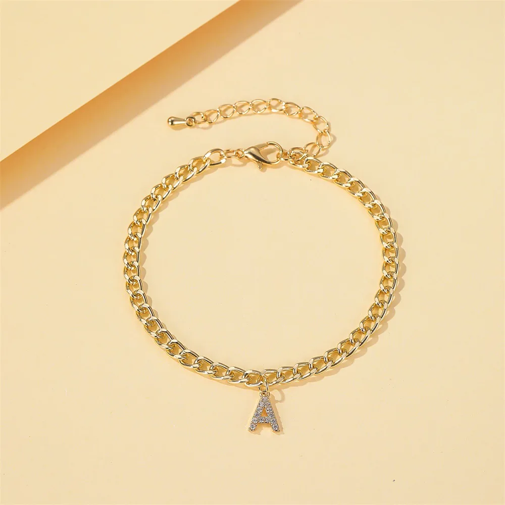 Crystal Initial Letter Anklets For Women Alphabet Cuban Link Foot Chain Beach Leg Chain Bracelets Boho Tiny Zircon Jewelry Gift