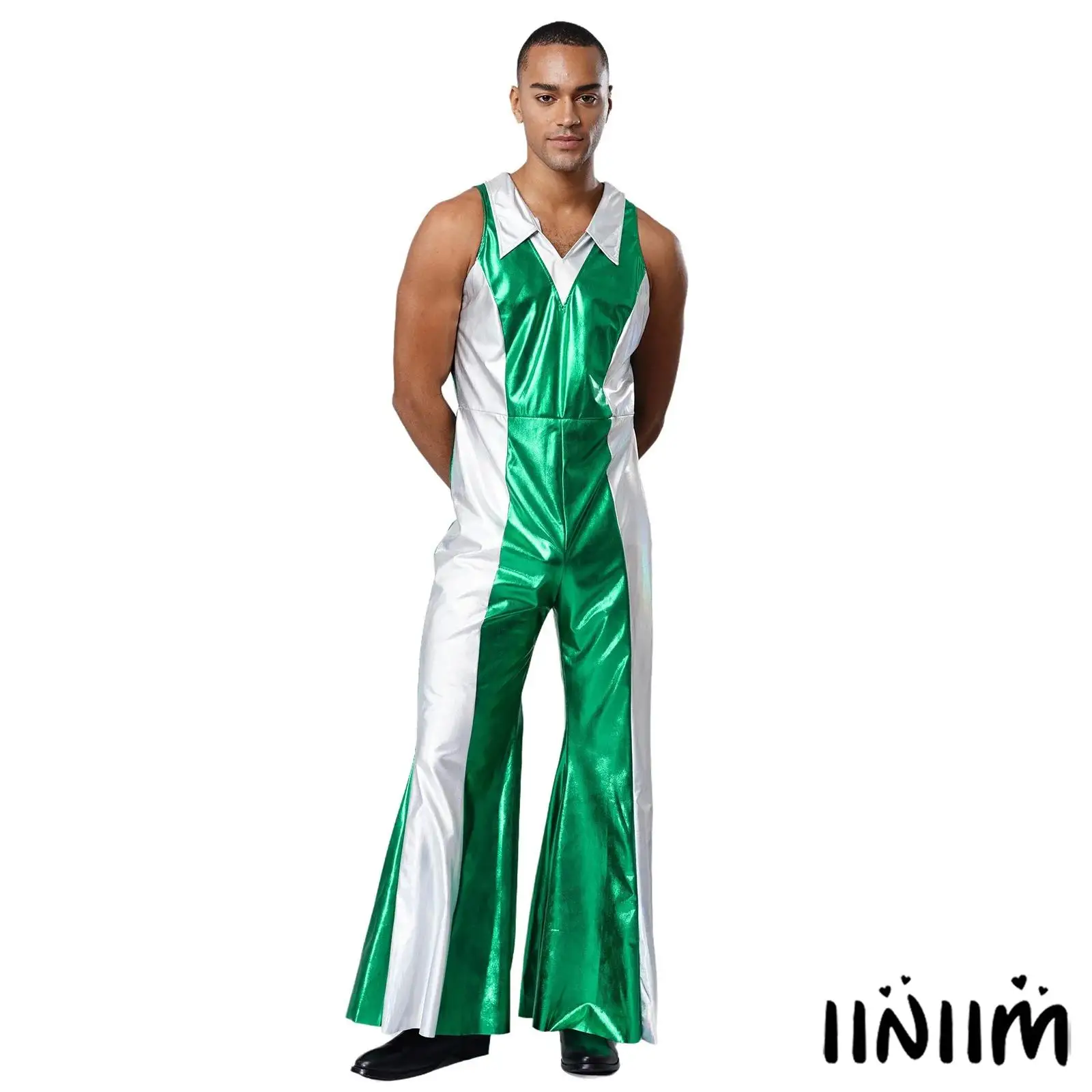 

Vintage Disco Jumpsuit for Men 70s Style Metallic Shiny Lapel Design Romper Rock Musical Flared Pants for Halloween Parties