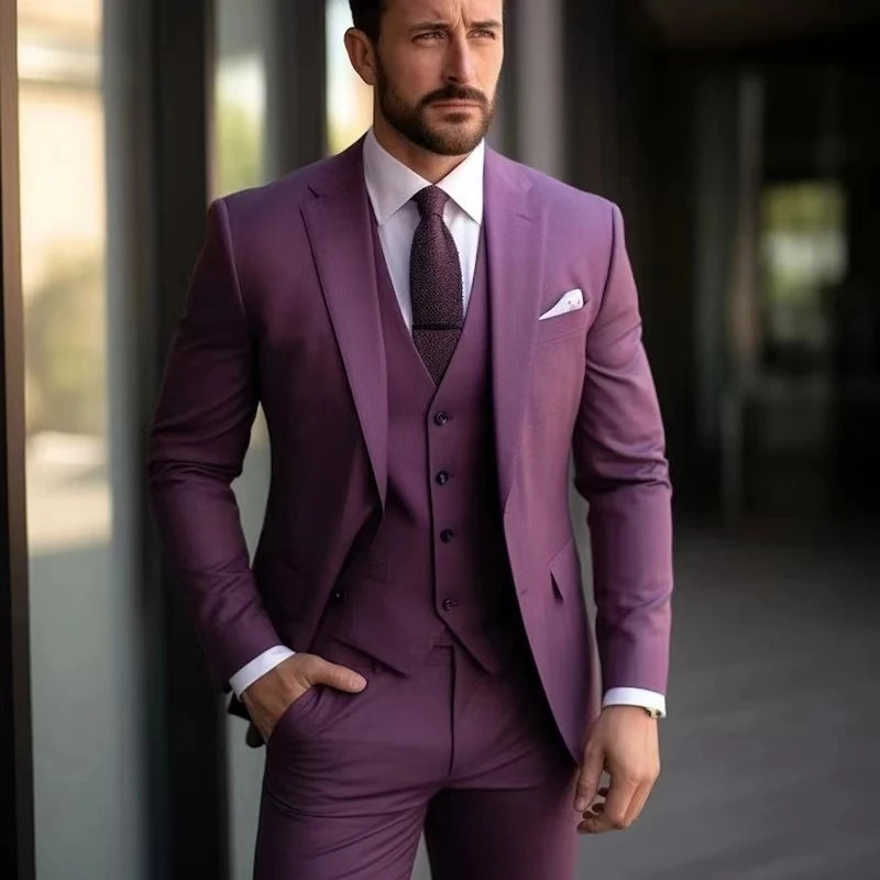 2024 Purple Men\'s Suits Elegant Blazer Terno High Quality 3 Piece Jacket Pants Vest Set Business Outfits Costume Homme Slim Fit