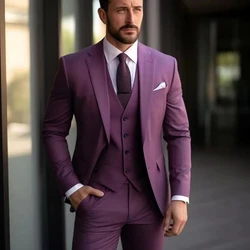 2024 Purple Men's Suits Elegant Blazer Terno High Quality 3 Piece Jacket Pants Vest Set Business Outfits Costume Homme Slim Fit