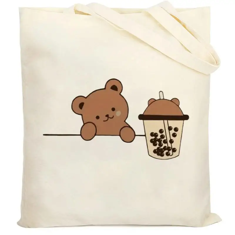 One with a pattern of a bear and milk tea，Shopping tote bag，Large capacity totes，Reusable