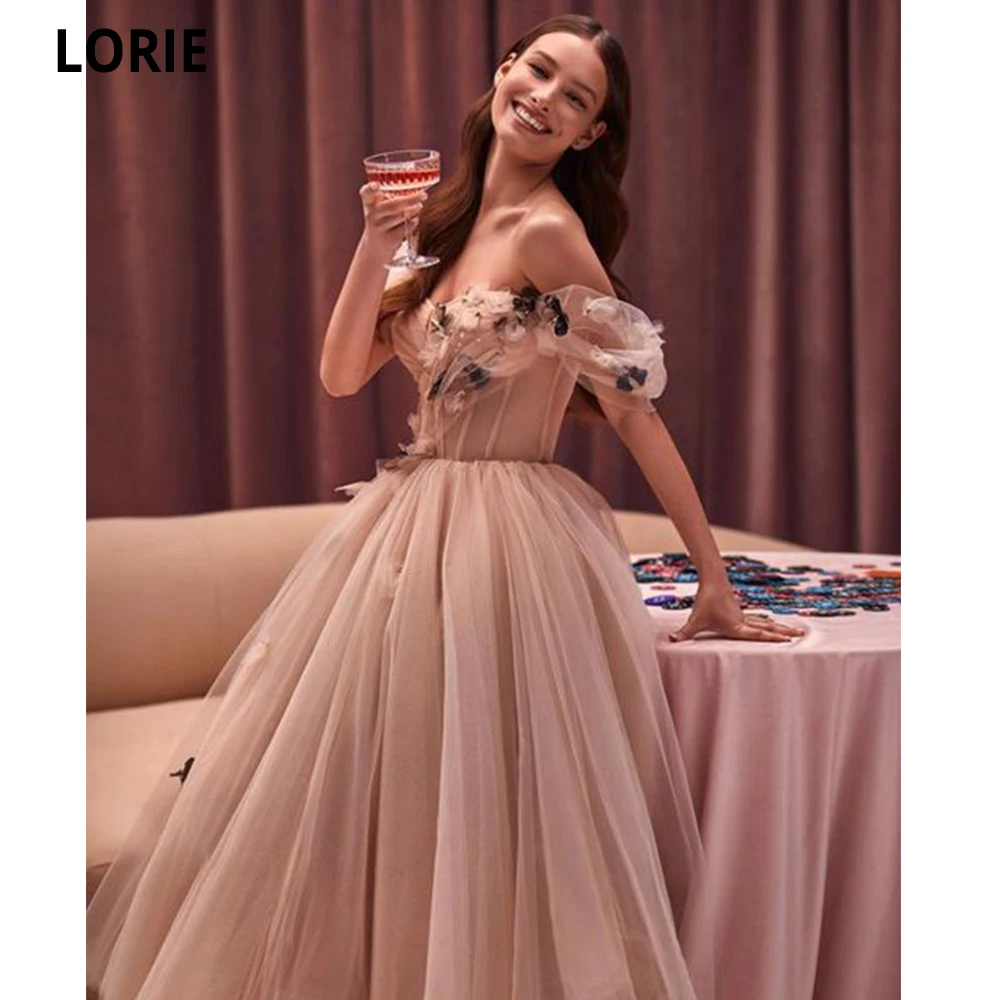 

LORIE A Line Blush Pink Long Prom Dresses 2022 Sweetheart 3D Lace Flowers Tulle Evening Dress Women Party Formal Occasion Dress