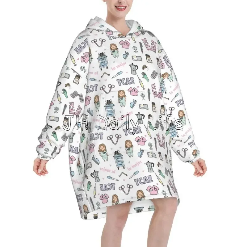 Enfermera En Apuros Doctor Nurse Wearable Blanket Hoodie Women Oversized Pullover Sweatshirt Warm Flannel Fleece Sherpa Blankets