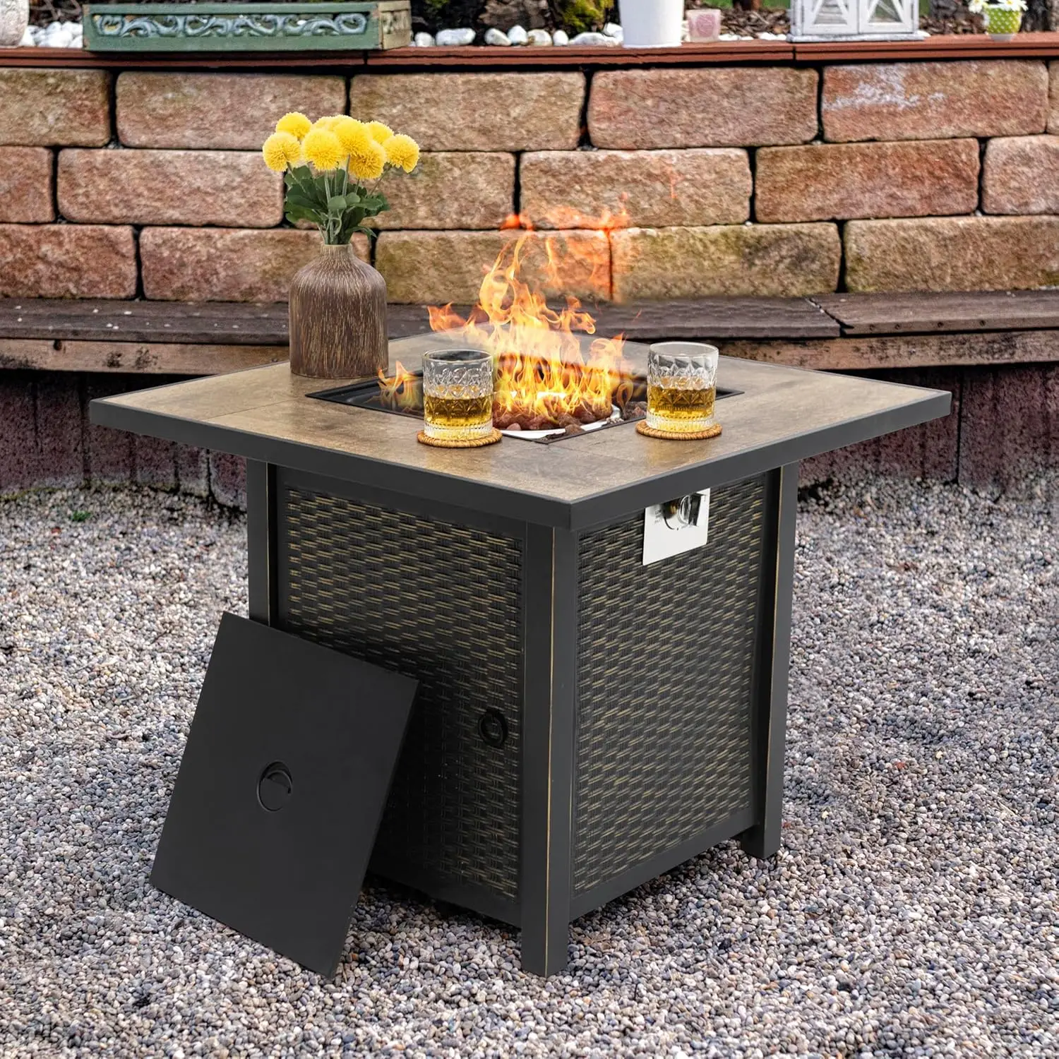 Nuu Garden 30 Inch Outdoor Propane Fire Pit Table, 50,000 Btu Square Gas Fire Table With Ceramic Tabletop, Lid, Cover And Lava