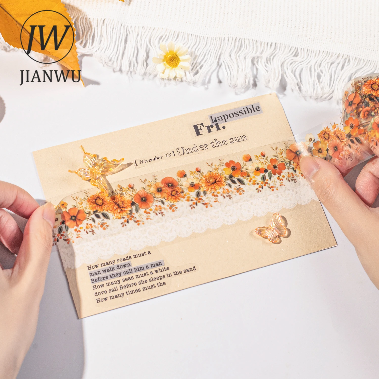 JIANWU 가을 색상 점차 어두워지는 시리즈 빈티지 꽃잎 풍경 소재 콜라주 PET 테이프 창의적인 저널 문구
