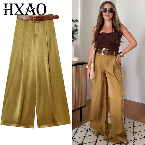 HXAO Conjuntos de pantalones de satén de gran tamaño Conjunto de dos piezas para mujer Conjunto de chaleco dorado sin mangas con botones Conjunto de pantalones de pierna ancha con cinturón plisado
