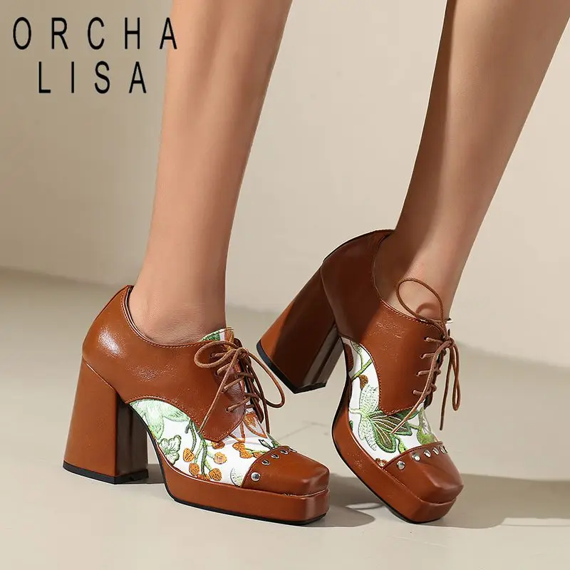 

ORCHA LISA Модные женские туфли-лодочки с квадратным носком, каблук 9 см, платформа 2 см, на шнуровке, с заклепками и цветами, размеры 45, 46, 47, 48, сексуальные туфли, осень