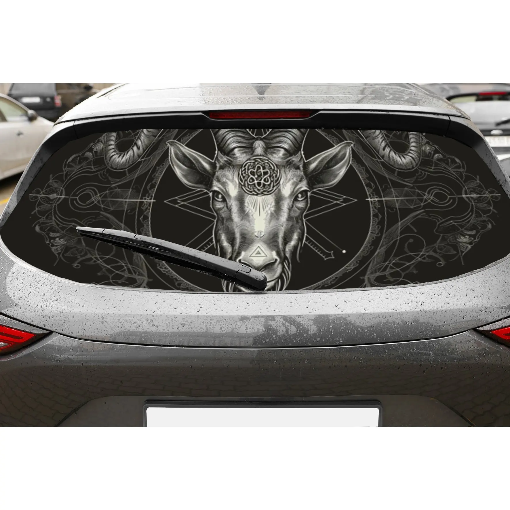 

Dark Mysterious Goat Head PVC Perforated Car Vinyl Wraps, Privacy Enhancing Design for Rear Window, Car Rear Windshield Sticker