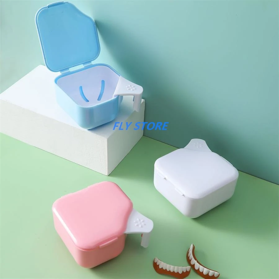 1PC Denture Bath Box Case Tooth Cleaning Container Travel Case with Strainer Dental False Teeth Soaking Cup with Hanging Net