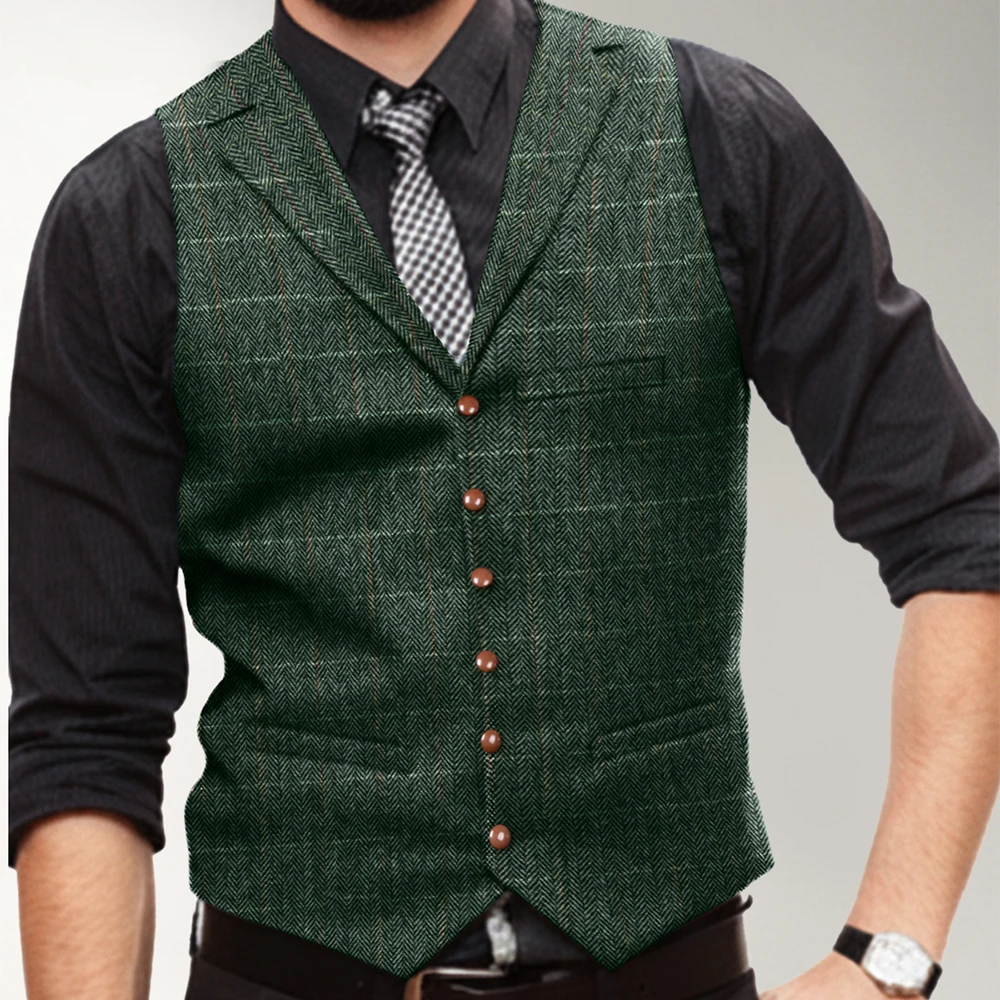 

Lapel Neck Men's Vest for Wedding Plaid Soft Wool Tweed Waistcoat for Groosmen Real Pocket