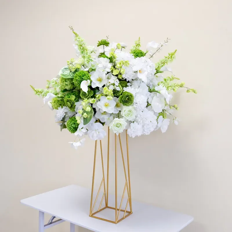 Fresh White Green Artificial Flower Centerpiece Calla Lily Hydrangea Silk Floral for Tall Gold Vase Wedding Head Table Decor