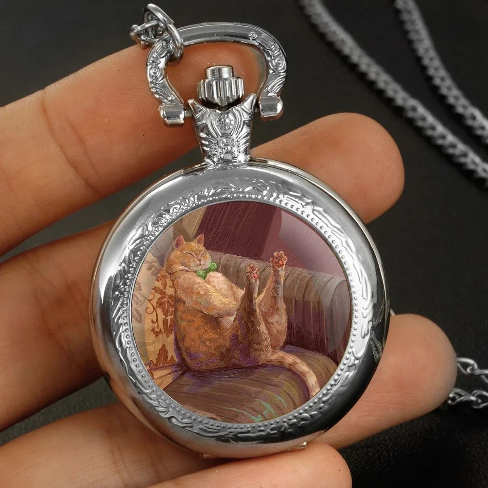 Lazy Cat Fun Pattern Pocket Watch - Glass Dome Quartz, Durable Chain for Easter Gift