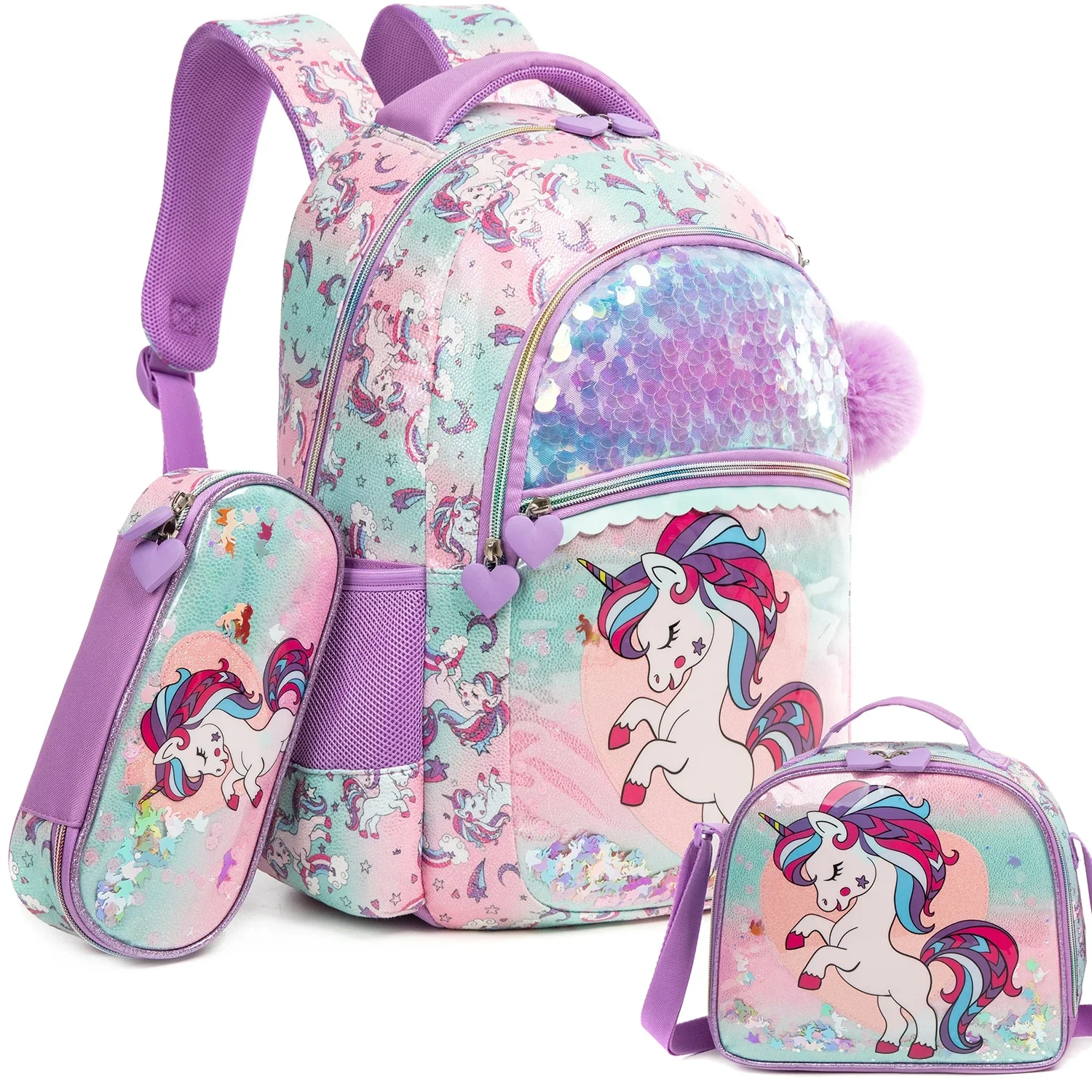 Mermaid Print Sequined Backpack Set, 3-Piece Glitter Travel Bag Combo with Pencil Case Lunch Tote