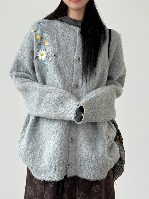 Cárdigan abierto con bordado Floral Retro para mujer, suéter elegante para otoño e invierno, chaqueta holgada y versátil de punto