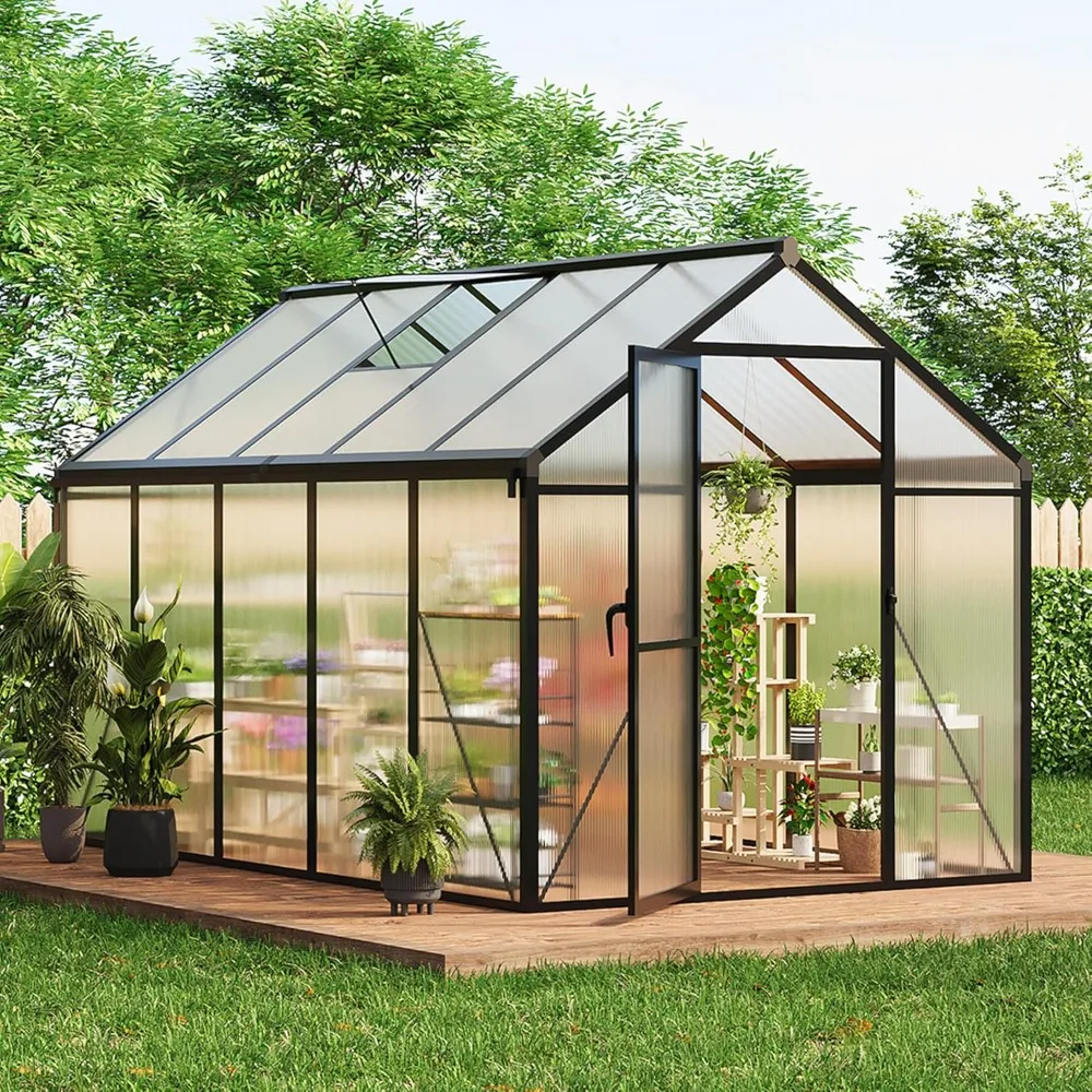 

6x10 FT Greenhouse, Easy Assembly Aluminum Polycarbonate Greenhouses for Outdoors with Roof Vent and Ground Nails, Heavy Duty Al