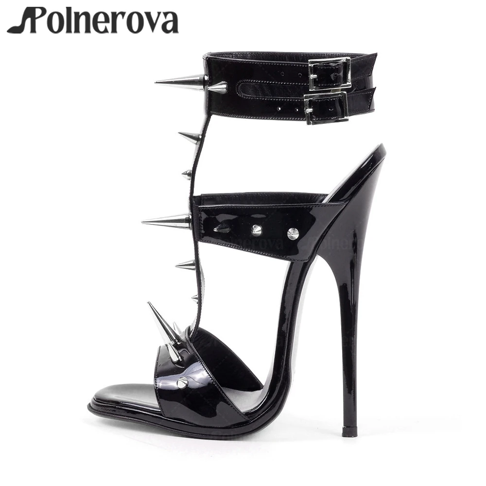 

Sharp Nails Rivet Stilettos Black Leather Sexy Sandals for Women Metallic Belt Buckle Punk Style Summer Shoes Sandal New Arrival