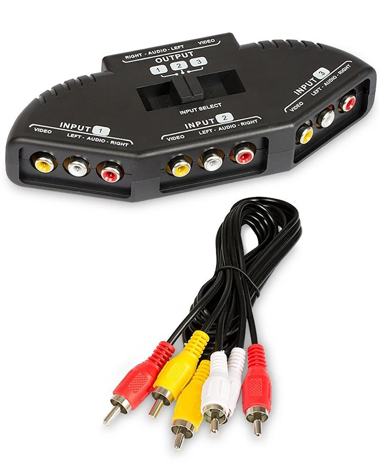 Interruptor Selector de Audio y Video de 3 vías, caja divisora con Cable RCA para TV x-box, reproductor de DVD, dispositivos de interruptor, negro, 1 unidad