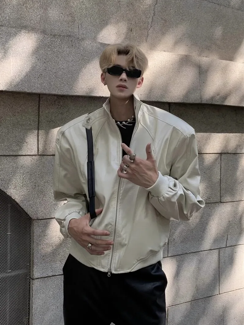 

Loose Fit PU Leather Biker Jaet Men's Autumn Winter New Sle Trendy Stand Collar Padded oulder Outerwear Youth Energy Sle