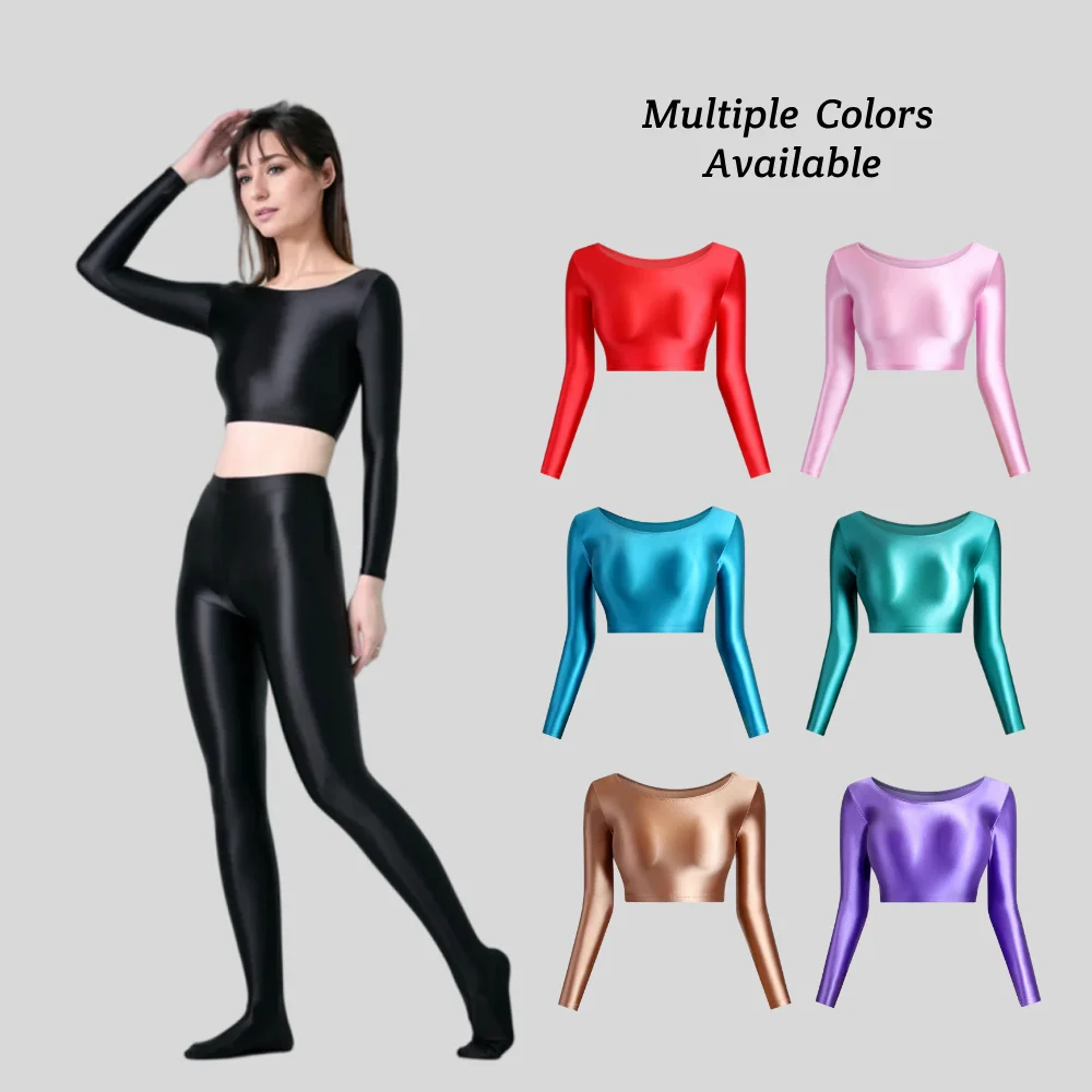 young-satin-glossy-top-long-sleeve-navel-sports-casual-tights-clothes-satin-glossy-top-smooth-tights-sexy-swimsuit