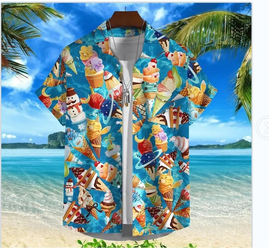 Full Print Funny Ice Cream Graphic Beach Shirts for Men Designer Plus Size Hawaii Vacation Blouse Shirts Camisas De Hombre
