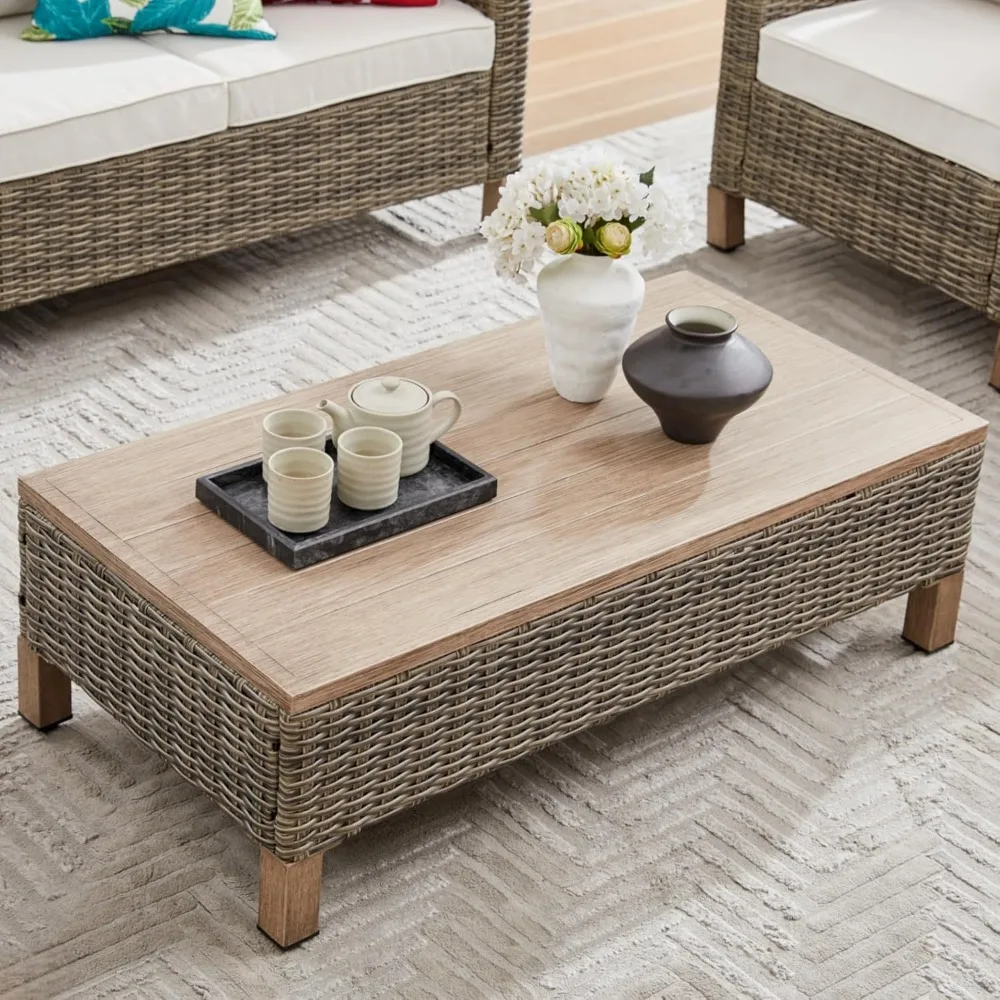 

Outdoor PE wicker coffee table with metal tabletop, 43.3 hand woven rattan terrace table for conversation set
