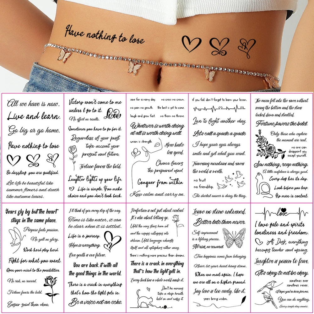 

10 Sheets English Letter Design Tattoo Sticker for Women Men Waterproof Temporary Tattoos for Hand Finger Disposable Fake Tattoo
