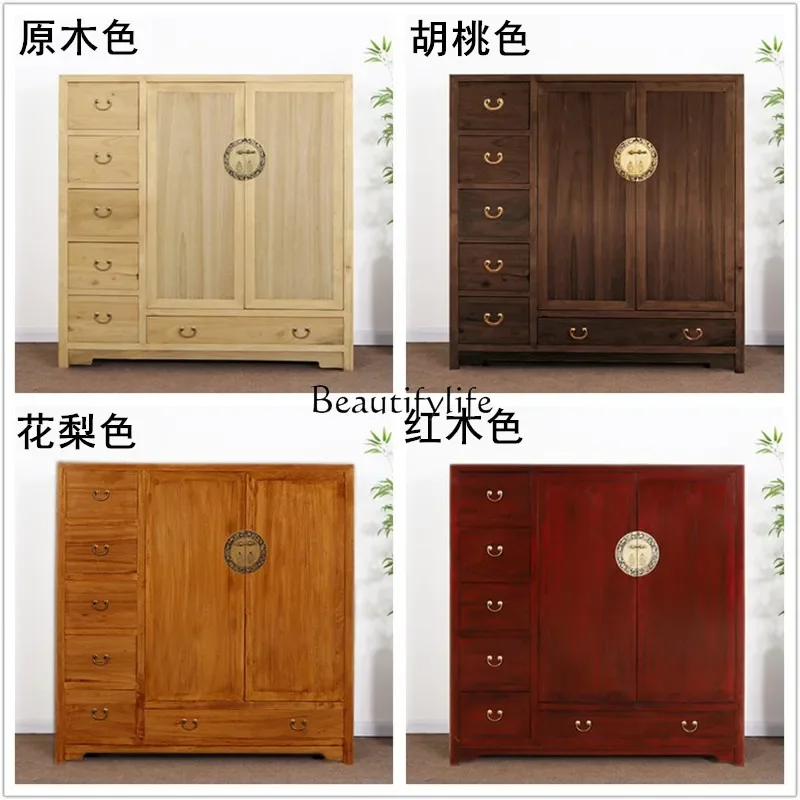 

yj5Log Chinese Solid Wood Wardrobe Double Three-Door Drawer Multi-Functional Storage Low Cabinet