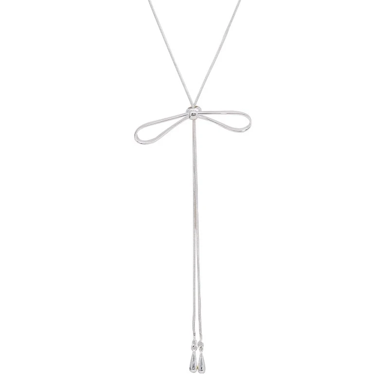 Foxanry Bowknot Geometric Long Tassel Necklaces For Women Girls Trendy Sweet Elegant Cute Sweater Chain Anniversary Jewelry Gift