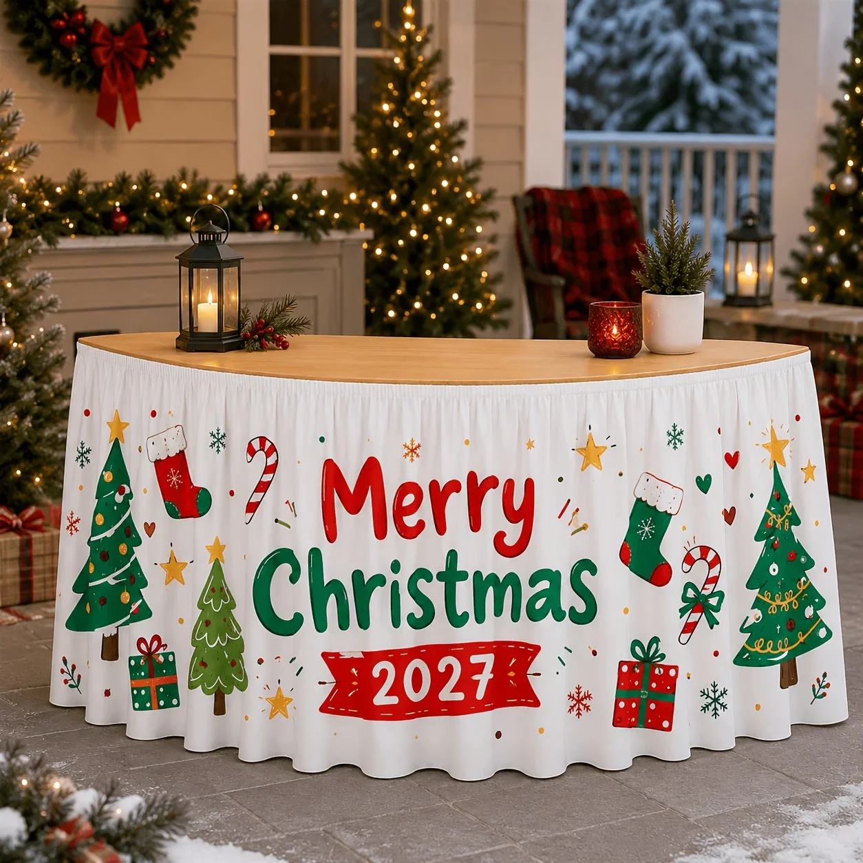 1 piece of tablecloth, Merry Christmas 2027, Christmas tree socks, candy bars, gift box, snowflakes, starsxzj