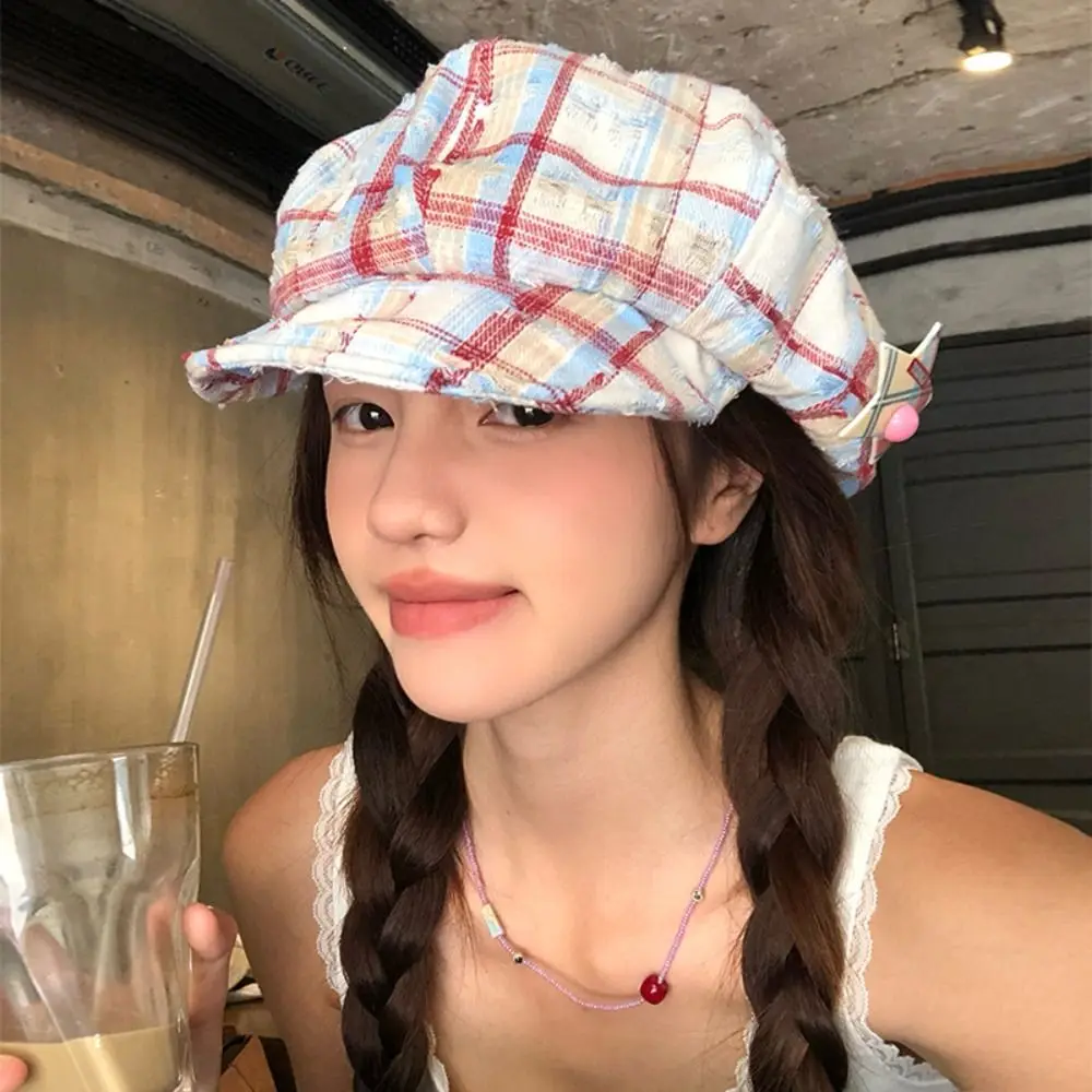 

Retro Korean Plaid Cloud Berets Y2k Star Octagonal Caps Sweet Versatile Painter Hat Women