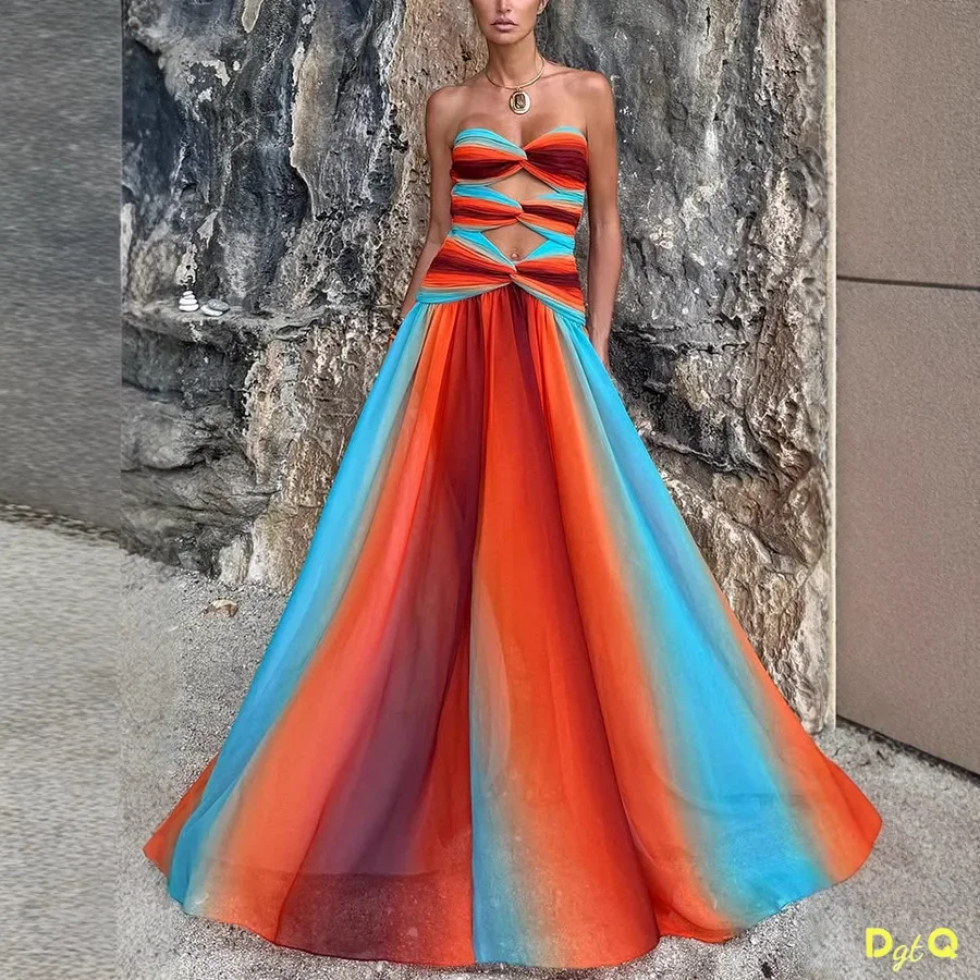 Gedruckt Farbe Kollision Frauen Maxi Kleid Brust Eingewickelt Cut Out Liebsten Backless Hohe Taille Plissee Robe 2025, Sommer Dame Roben
