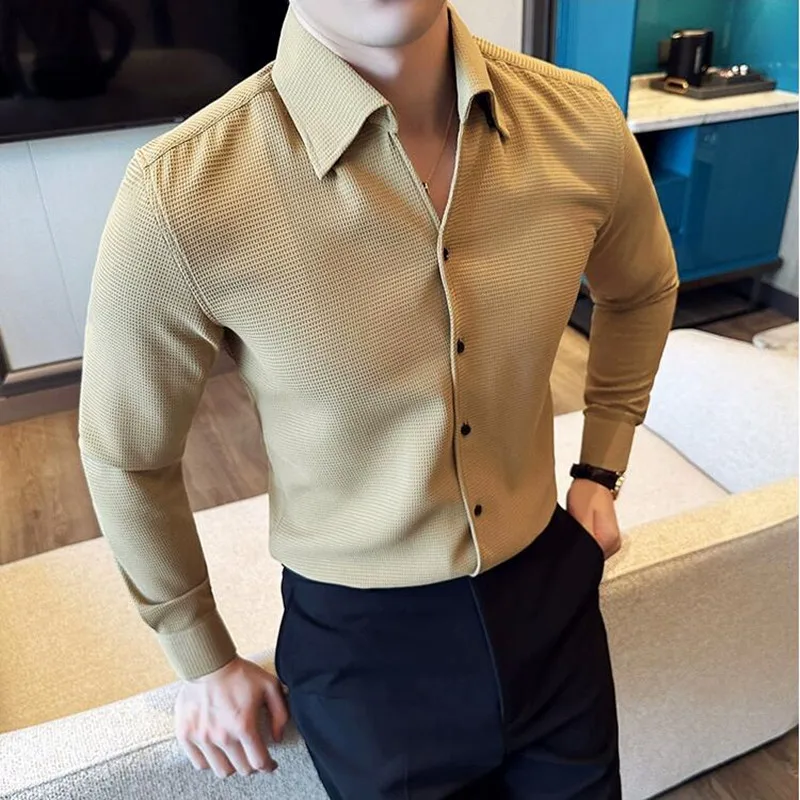 Autumn Solid Color Waffle Shirt Men Slim Fit V Neck Long Sleeve Casual Business Formal Dress Shirts Social Party Streetwear 4XL