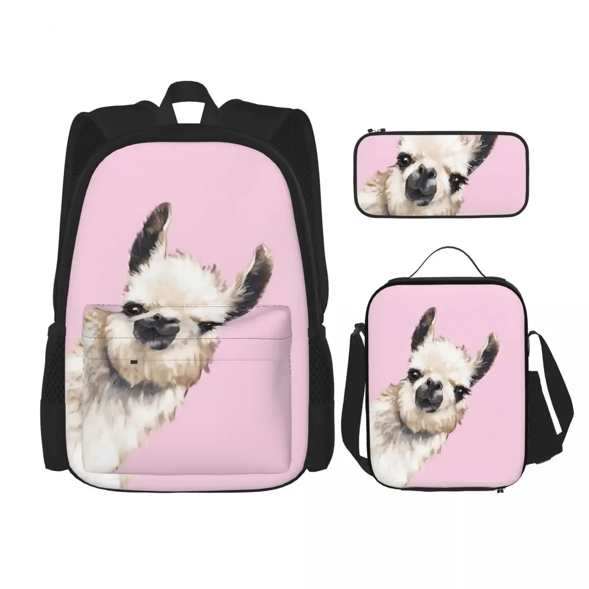 

Llama Alpaca Animal Backpacks Boys Girls Bookbag Students School Bags Cartoon Kids Rucksack Lunch Bag Pen Bag Three-Piece Set