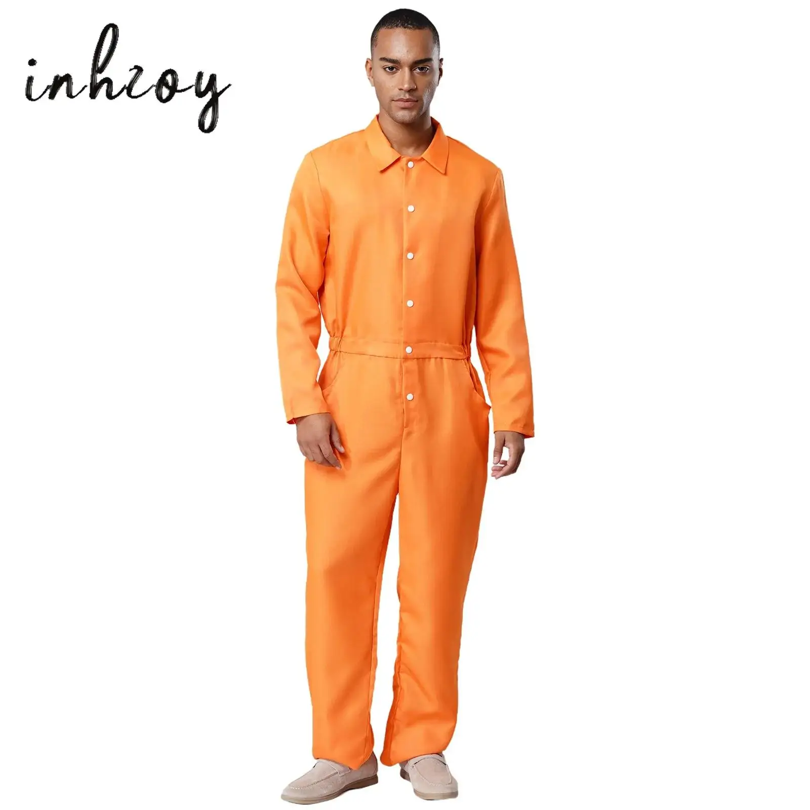 

Mens Womens Halloween Prisoner Cosplay Jumpsuit Long Sleeve Button-down One Piece Unitard Inmate Jail Uniform for Dress up Party